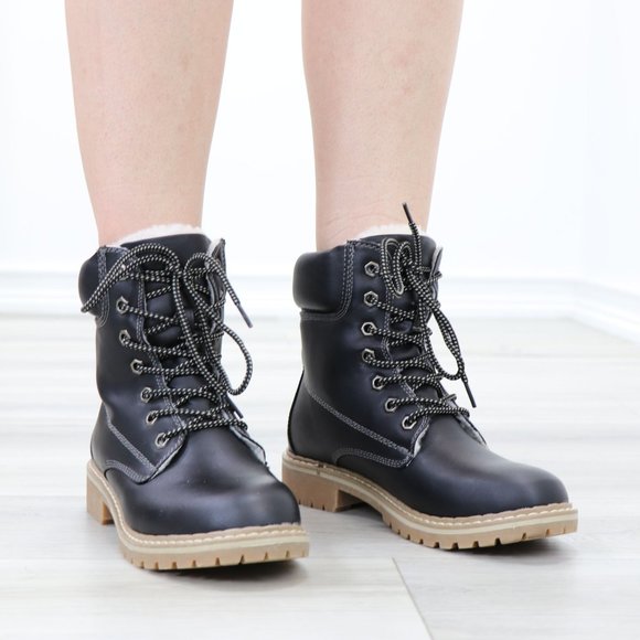 Sherpa Lined Woman's Faux Leather Lug-Sole Combat Ankle Boots - Picture 2 of 13